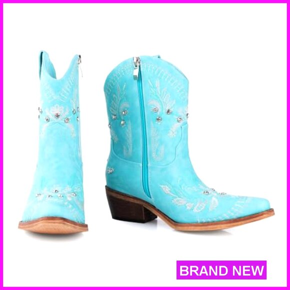 Rhinestone Embroidered Ankle Cowboy Boots Chunky Heel Western Booties Side - Picture 5 of 7